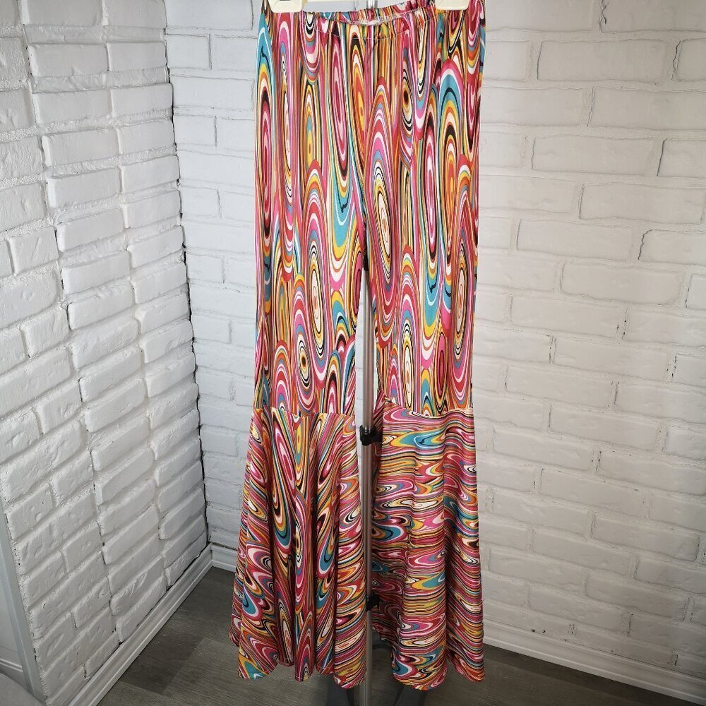 Spirit Halloween Ladies Multi Colored Retro 70's Wide Flare Bell Bottom Pants